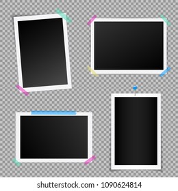 Creative vector illustration set of square photo frame with shadows isolated on background. Retro art design. Realistic mockups. Color adhesive tapes, push pins. Abstract concept graphic element