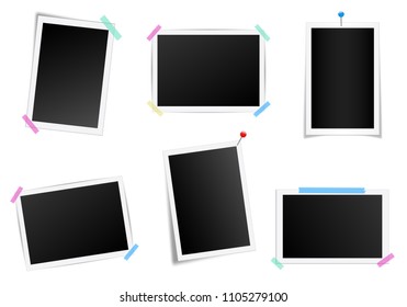 Creative vector illustration set of square photo frame with shadows isolated on background. Retro art design. Realistic mockups. Color adhesive tapes, push pins. Abstract concept graphic element