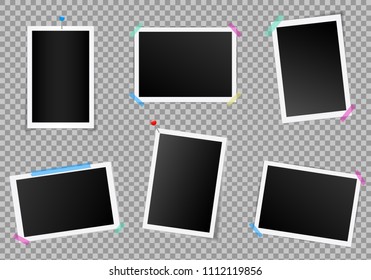 Creative vector illustration set of square photo frame with shadows isolated on background. Retro art design. Realistic mockups. Color adhesive tapes, push pins. Abstract concept graphic element