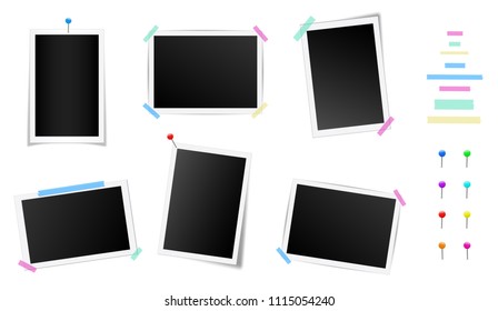 Creative vector illustration set of square photo frame with shadows isolated on background. Retro art design. Realistic mockups. Color adhesive tapes, push pins. Abstract concept graphic element