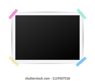 Creative vector illustration set of square photo frame with shadows isolated on background. Retro art design. Realistic mockups. Color adhesive tapes, push pins. Abstract concept graphic element