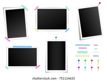 Creative vector illustration set of square photo frame with shadows isolated on background. Retro art design. Realistic mockups. Color adhesive tapes, push pins. Abstract concept graphic element.