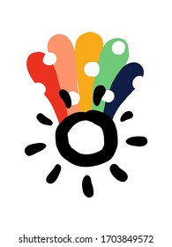 Creative vector illustration of shining sun with rainbow. Bold and playful design for cute greeting card or naive poster