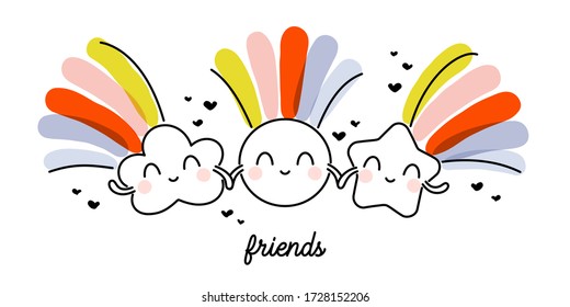 Ilustración vectorial creativa de sol brillante, estrella fugaz y nube de lluvia con arcos de mano. Diseño gracioso para una tarjeta de saludo bonita o un afiche genial. Trazo editable