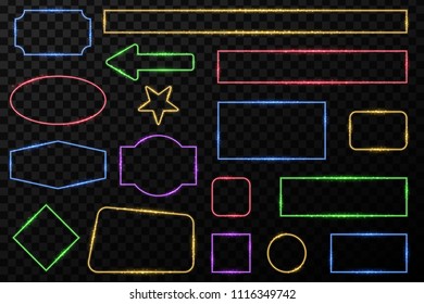 Creative vector illustration of shiny golden glowing frames with light isolated on transparent background. Art design glittering effect sparks. Abstract concept graphic banner element
