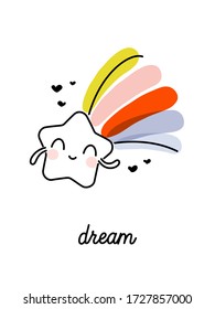 Creative vector illustration of shooting star with rainbow tail. Funny design for cute greeting card or cool poster. Editable stroke