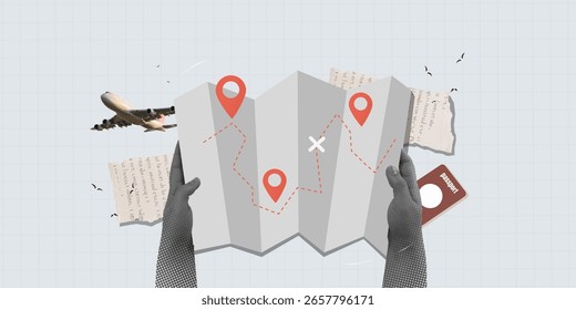 Una Ilustración vectorial creativa que muestra los viajes de negocios con un mapa, un avión y Elementos de pasaporte, haciendo hincapié en la planificación de viajes.