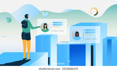 A creative vector illustration showcasing a person exploring digital profiles with ratings and analytics in a futuristic environment. Perfect for tech, HR, recruitment, and data visualization concepts