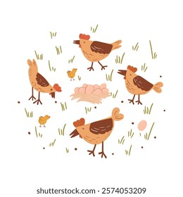 A creative vector illustration, showcasing scene from chicken farm lawn - eggs basket, walking hens and young chickens, pecking grain. All in flat style, pastel hues, isolated on white background.