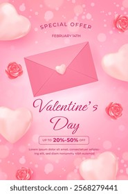 A creative Vector illustration showcasing a Valentine's Day special offer, featuring a decorative envelope, hearts, and roses on a soft background.
