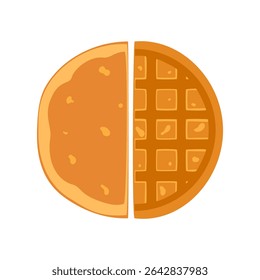 Creative vector illustration showing a circle breakfast divided into half a pancake and half a waffle. Suitable for menu design, bakery, pastry, cooking, food blog, coffee shop and breakfast concept.
