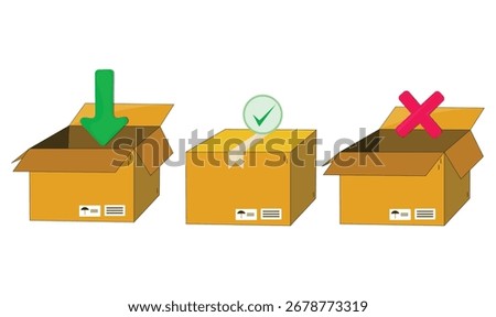 Creative vector illustration showing do’s and don’ts of packing cardboard boxes. Features sealed and unsealed boxes with check mark, cross, and arrow icons for clear visual guidance.