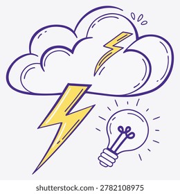 Creative vector illustration showing a storm cloud with a bright lightning bolt and a glowing light bulb representing a sudden spark of brilliant new ideas