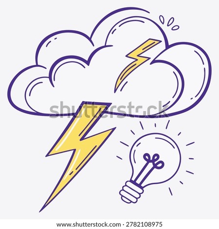 Creative vector illustration showing a storm cloud with a bright lightning bolt and a glowing light bulb representing a sudden spark of brilliant new ideas
