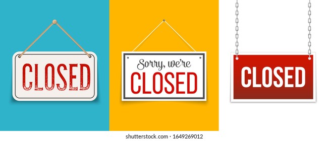 Creative vector illustration sign - sorry we are closed background. Art design closed banner on door store template. Signboard with a rope. Abstract concept for businesses, site, shop services element