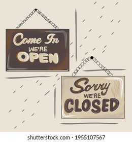 Creative vector illustration sign - sorry we are closed, Come in, we are open background. Art design closed banner on door store template.