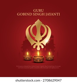 Creative vector illustration of Sikh symbol with golden temple and Diya’s for Guru Gobind Singh Jayanti celebration.