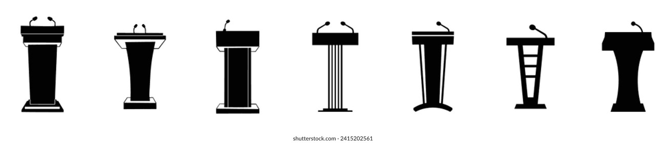 Creative vector illustration of silhouette podium tribune with microphones isolated on transparent background.