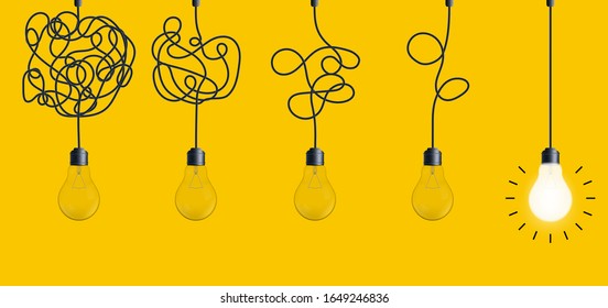 Creative vector illustration of simplifying complex process lightbulb on background. Art design untangled of problem, confusion clarity, path vector idea concept. Abstract straight, curve streamlining - Shutterstock ID 1649246836