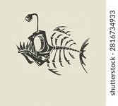  Creative vector illustration of a skeletal deep-sea fish with anglerfish light, vintage dark art style great for aquatic themes, posters, and apparel designs.