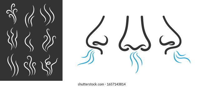 Creative vector illustration of smell symbols, nose, air, vapour smoke isolated on background. Art design breathing aroma smell template. Abstract concept smoke steam pictograms, nose senses element