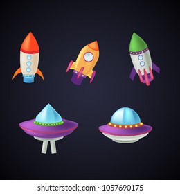 Creative Vector Illustration. Spaceship, Spacecraft Cartoon style for space Computer and Smartphone Game or Book or Application. Ufo, Shuttle for Space Flight. 