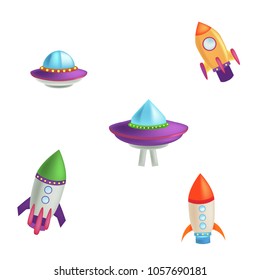 Creative Vector Illustration. Spaceship, Spacecraft Cartoon style for space Computer and Smartphone Game or Book or Application. Ufo, Shuttle for Space Flight. 