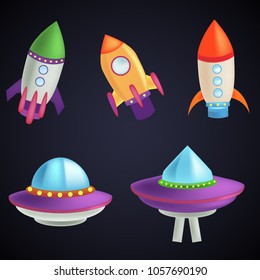 Creative Vector Illustration. Spaceship, Spacecraft Cartoon style for space Computer and Smartphone Game or Book or Application. Ufo, Shuttle for Space Flight. 