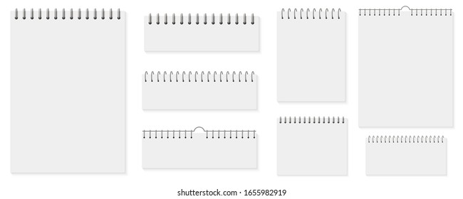 Creative vector illustration of spiral notebooks, sheets of paper, blank pages, notepad isolated on background. Art design white list notebook template. Spiral brochure mock up, calendar element