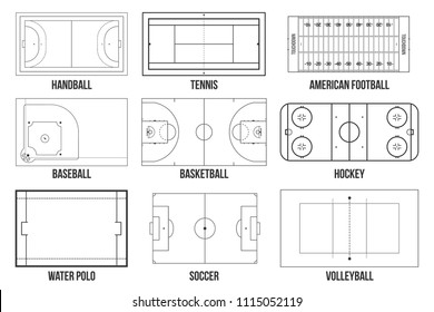 Creative vector illustration of sport game fields marking isolated on background. Graphic element for handball, tennis, american football, soccer, baseball, basketball, hockey, water polo, volleyball