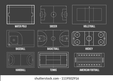 Creative vector illustration of sport game fields marking isolated on background. Graphic element for handball, tennis, american football, soccer, baseball, basketball, hockey, water polo, volleyball