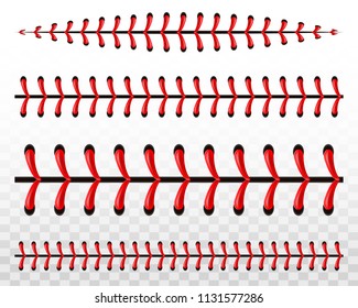 Creative vector illustration of sports baseball ball stitches, red lace seam isolated on transparent background. Art design thread decoration. Abstract concept graphic element