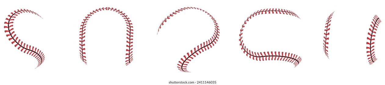 Creative vector illustration of sports baseball ball stitches, red lace seam isolated on transparent background.