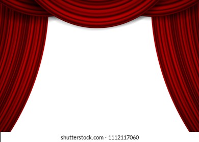 Creative vector illustration of stage with luxury scarlet red silk velvet drapes and fabric curtains isolated on background. Art design. Concept element for music party, theater, circus, opera, show