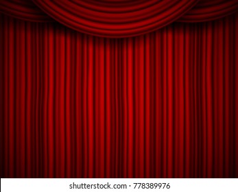 Creative vector illustration of stage with luxury scarlet red silk velvet drapes and fabric curtains isolated on background. Art design. Concept element for music party, theater, circus, opera, show.