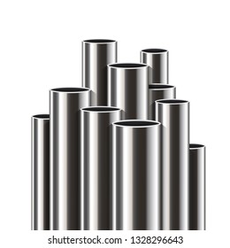 Creative vector illustration of steel, aluminum, copper, metal pipes, profile stack of tube, pvc isolated on transparent background. Art design industrial template. Abstract concept graphic element