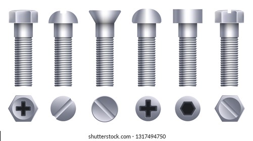 Creative vector illustration of steel brass bolts, metal screws, iron nails, rivets, washers, nuts hardware side view isolated on transparent background. Art design abstract concept graphic element