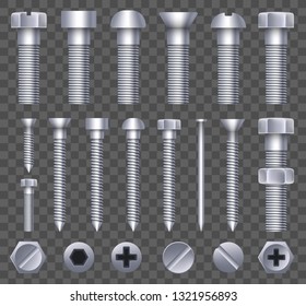 Creative vector illustration of steel brass bolts, metal screws, iron nails, rivets, washers, nuts hardware side view isolated on transparent background. Art design abstract concept graphic element