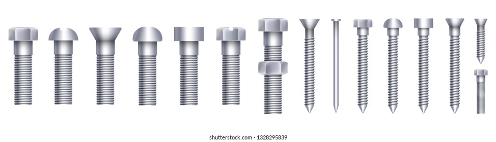 Creative vector illustration of steel brass bolts, metal screws, iron nails, rivets, washers, nuts hardware side view isolated on transparent background. Art design abstract concept graphic element