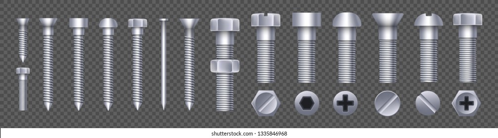 Creative vector illustration of steel brass bolts, metal screws, iron nails, rivets, washers, nuts hardware side view isolated on transparent background. Art design abstract concept graphic element