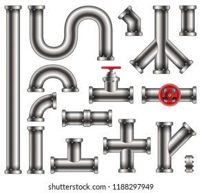 Creative vector illustration of steel metal water, oil, gas pipeline, pipes sewage isolated on transparent background. Art design abstract concept graphic ells, gate valve, fittings, faucet element