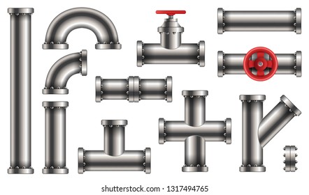 Creative vector illustration of steel metal water, oil, gas pipeline, pipes sewage isolated on transparent background. Art design abstract concept graphic ells, gate valve, fittings, faucet element