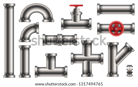 Creative vector illustration of steel metal water, oil, gas pipeline, pipes sewage isolated on transparent background. Art design abstract concept graphic ells, gate valve, fittings, faucet element