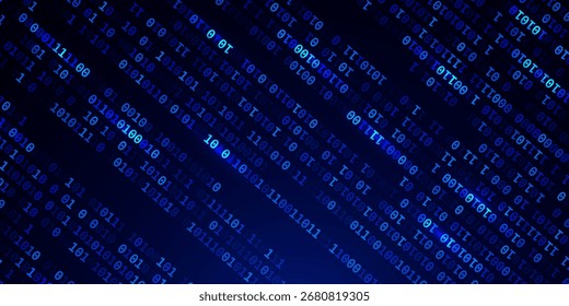 Ilustração vetorial criativa do fluxo de código binário. Projeto de arte de fundo de matriz de computador. Dígitos na tela. conceito abstrato dados gráficos, tecnologia, descriptografia, algoritmo, elemento de criptografia