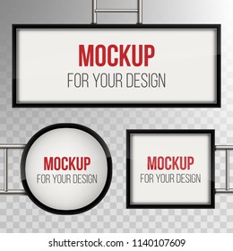 Creative vector illustration of street sign hanging mounted illuminated lightbox isolated on transparent background. Art design 3d realistic empty blank mockup template. Concept graphic element.