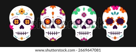 Creative vector illustration of sugar calaca skulls decorated with flowers and cempasuchil.Representing Día de Muertos, the Mexican holiday festival in Mexico honoring the day of the dead,altar, death