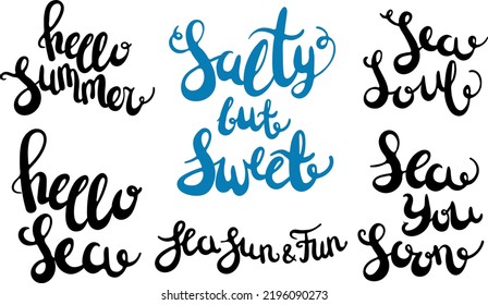 Creative vector illustration of summer sea lettering with abstract wavy shapes palm ball and sea waves. Hand written phrases. Decorative summer lettering print illustration.