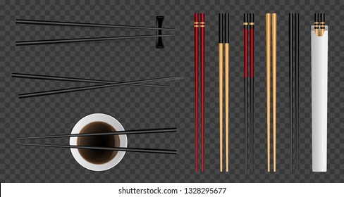 Creative vector illustration of sushi food chopsticks set with soy sauce isolated on transparent background. Art design traditional asian bamboo utensils template. Abstract concept graphic element