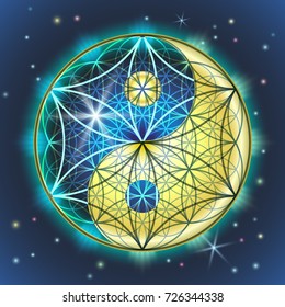 Creative vector illustration of the symbol and sign of yin yang and FLOWER OF THE LADY. Sacred geometry of a bright, colorful blue-yellow sign on the background of the starry sky.