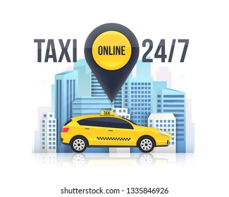 Creative vector illustration of taxi online service banner, urban city skyscrapers isolated on transparent background. Art design mobile app template. Abstract concept graphic element